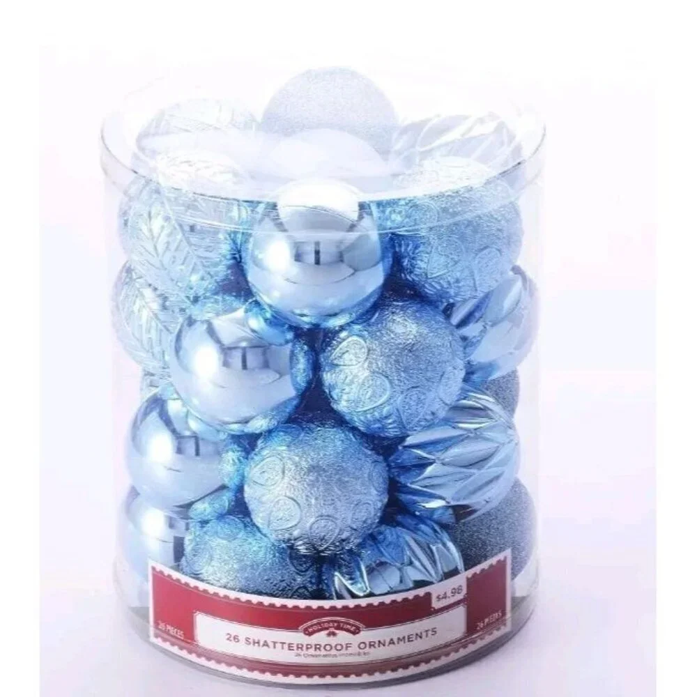 Holiday Time 26 Shatterproof Ornaments Round Sky Blue with 7 Different Designs